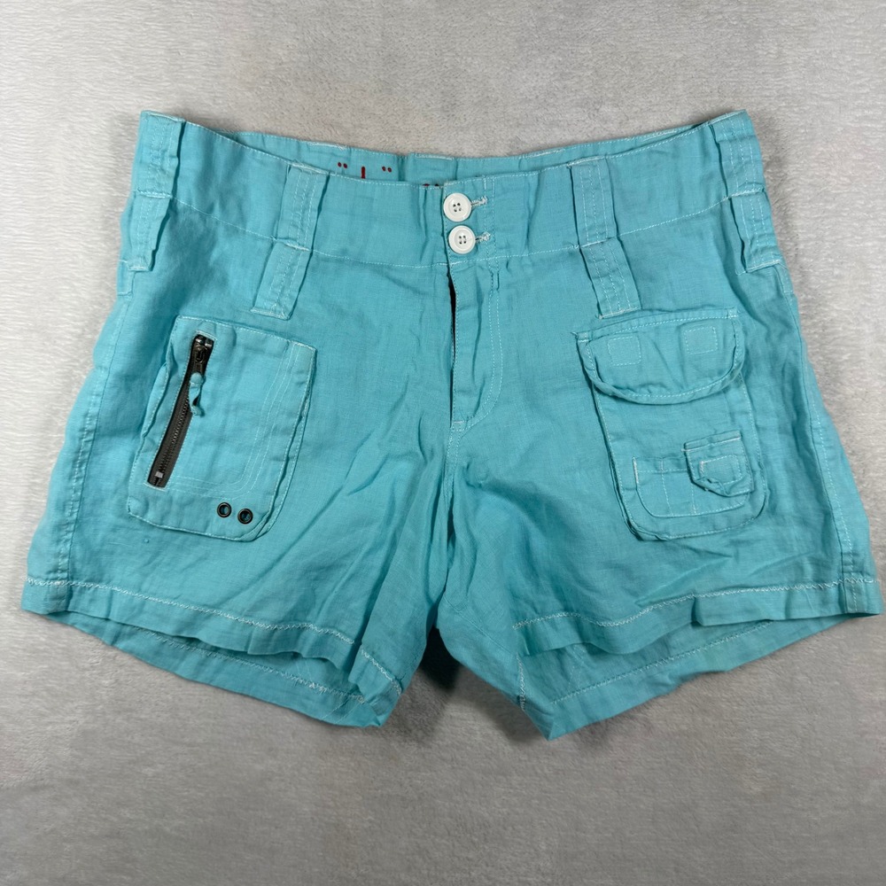 Pete & Greta by Johnny Was Turquoise Linen Cargo Utility Shorts Womens 6 Y2K